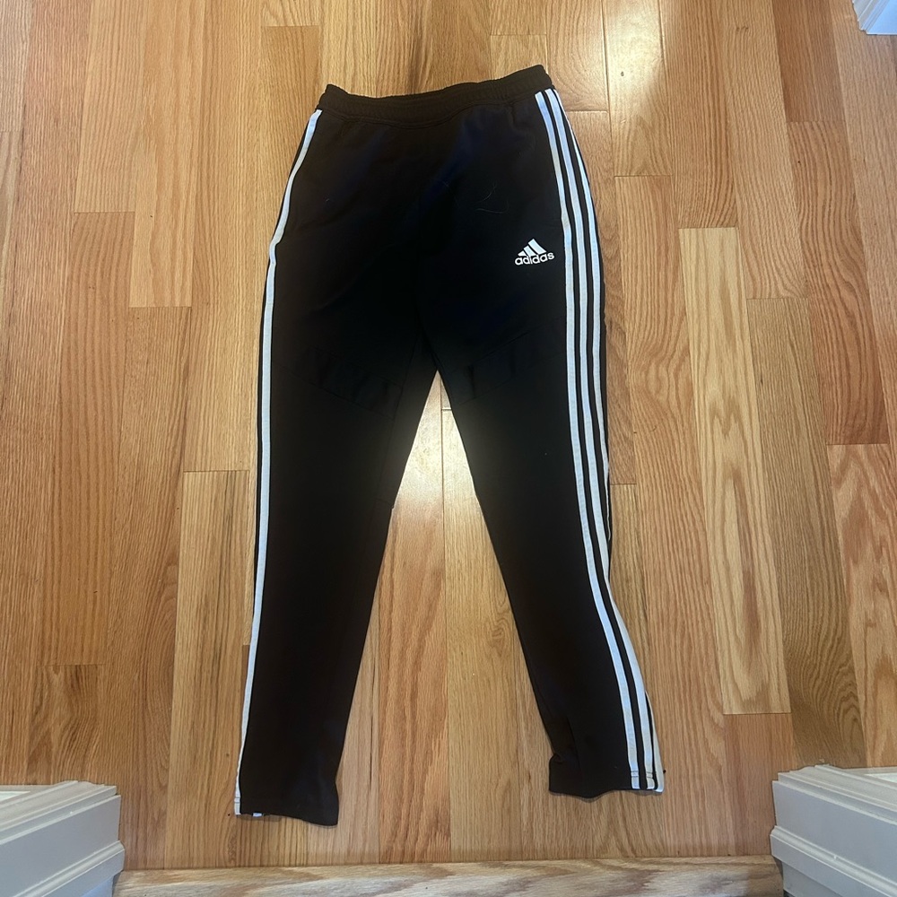 Adidas Kids Black Track Pants with White Stripes and Zipper on Bottom
